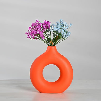Modern Donut-Shaped Decorative Vases, Handmade Minimalist Boho ins Style, Modern Vase for Home Decor for Wedding Dinner Table Party Living Room Office Bedroom (Orange, Large + Small)