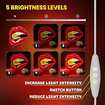 Bullet Red Lips Neon Sign, Flaming Red Lips Neon Signs for Wall Decor, Dimmable Acrylic Neon Lights for Room Bedroom Hotel Club Bar Party Decorations, Perfect Gifts