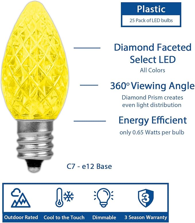 Novelty Lights 25pk Yellow C7 LED Faceted Christmas Light Replacement Bulbs, Ultra Bright Dimmable Replacement Lamps for Indoor/Outdoor Light Strings