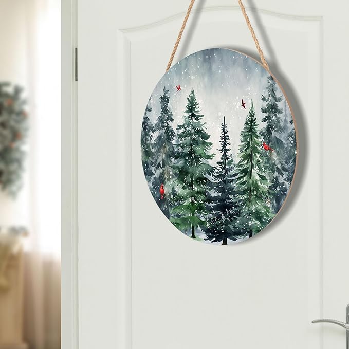 Winter Welcome Sign for Front Door Decor Winter Pine Trees Cardinal Wood Door Hanger for Outdoor Outside Porch Christmas Snowflakes Hanging Sign Xmas Holiday Wreath for Home Porch Wall 12”x12”