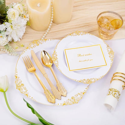 Hioasis 210pcs White and Gold Plastic Plates - Disposable Dinnerware Set Suitable for 30 Guests Include 10.25" Dinner & 7.5" Dessert Plates, Pre Rolled Silverware Set, Cups for Party & Wedding