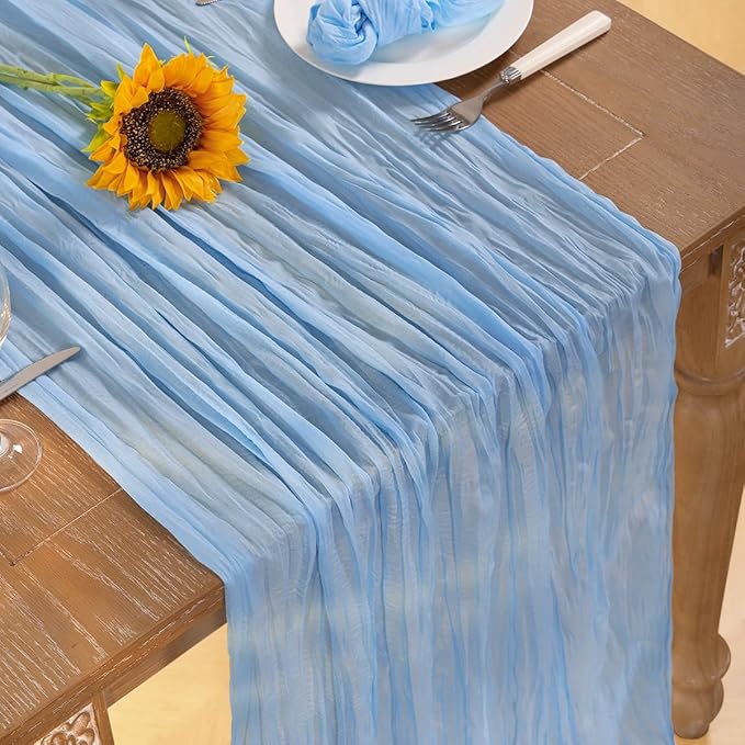 Baby Blue Cheesecloth Table Runner Christmas Table Runner Boho Gauze 120 Inches Light Blue Table Decor for Xmas Holiday Season Parties Wedding Bridal Baby Boy Shower Birthday