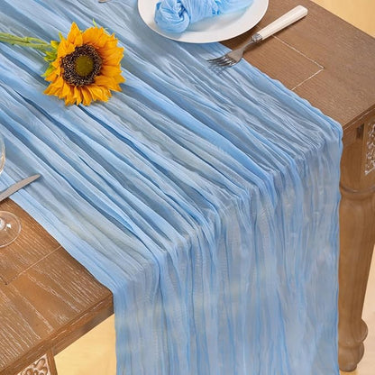 Baby Blue Cheesecloth Table Runner Christmas Table Runner Boho Gauze 120 Inches Light Blue Table Decor for Xmas Holiday Season Parties Wedding Bridal Baby Boy Shower Birthday