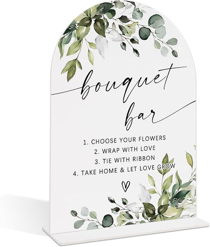 Wedding Signs for Reception, Green Leaves Bouquet Bar Sign, Wedding Reception Signage, Bridal Shower Table Decorations with Base, Bouquet Bar Supplies for Bridal Shower Events and Ceremony, 05