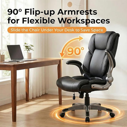 COLAMY Ergonomic Executive Office Chair, High Back Desk Chair with Adjustable Lumbar Support, Flip-Up Armrests & Thick Seat Cushion, 90°–110° Reclining Computer Chair for Home Office