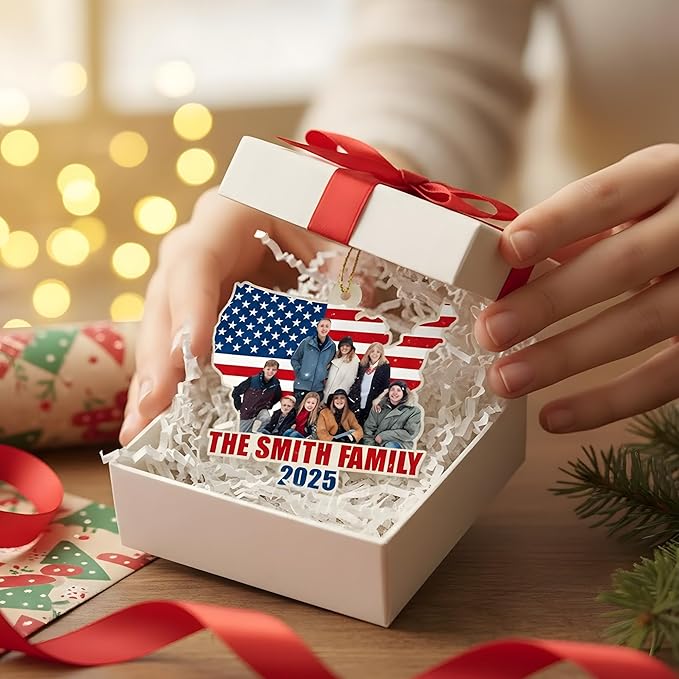 God Family Country Ornament 2025 – Personalized Acrylic USA Flag Ornament, Custom Photo Patriotic Christmas Tree Decoration, Memorial Keepsake Gift for Family, Veterans & Proud Americans