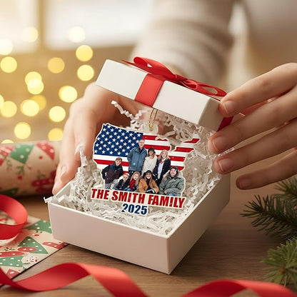 God Family Country Ornament 2025 – Personalized Acrylic USA Flag Ornament, Custom Photo Patriotic Christmas Tree Decoration, Memorial Keepsake Gift for Family, Veterans & Proud Americans
