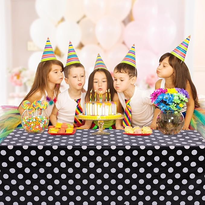 Kesfey 5 Packs Black and White Dots Table Cloth 54x108 Inch Black Polka Dot Mini Mouse Plastic Table Cloth Disposable Black Waterproof Picnic Table Covers for Rectangle Tables Halloween Birthday Party