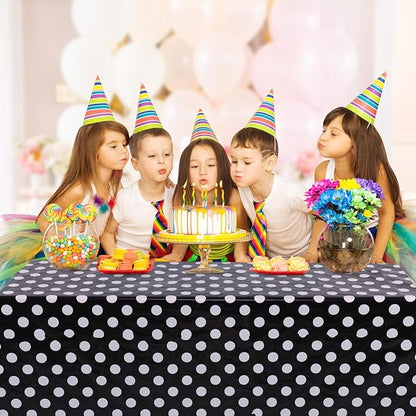 Kesfey 5 Packs Black and White Dots Table Cloth 54x108 Inch Black Polka Dot Mini Mouse Plastic Table Cloth Disposable Black Waterproof Picnic Table Covers for Rectangle Tables Halloween Birthday Party