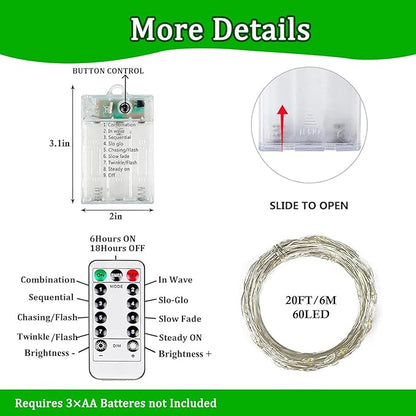 4 Pack Green Fairy Lights Battery Operated with Remote, Waterproof 20FT 60LED Cuttable Twinkle Lights with Timer Indoor Outdoor, String Light for Bedroom, Classroom, Wedding, DIY, Christmas Décor