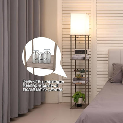 Floor Lamp with Shelves, Modern Square Standing Lamp with 3 Color Temperature Bulb, Corner Display Bookshelf Lamp for Living Room, Bedroom and Office （Grey）