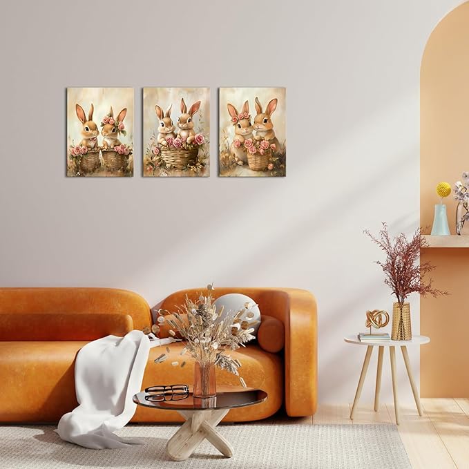 PoGoXiPoYo 3 Pieces Canvas Wall Art Cute Bunny and Rose Flowers Pictures Print Vintage Painting Farmhouse Rabbit Couple Artwork Easter Themed Wall Decor for Bathroom Bedroom Kids Room 12"x16"x3