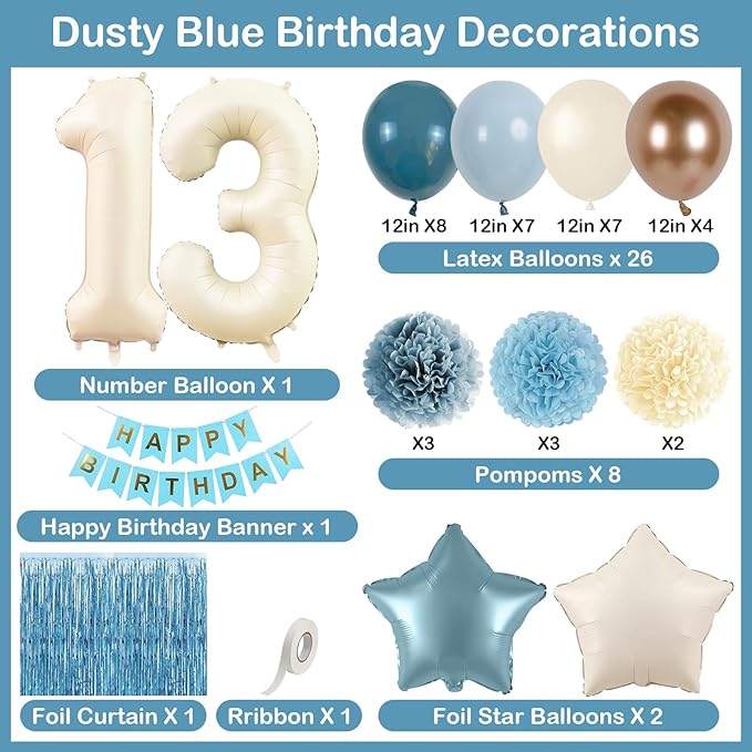 Dusty Blue 13th Birthday Party Decorations Boys Girls Beige Cream Number 13 Balloon with Blue Gold Happy Birthday Banner Fringe Curtain Paper Pom Poms Nude White Sand Champagne Star Foil Balloons