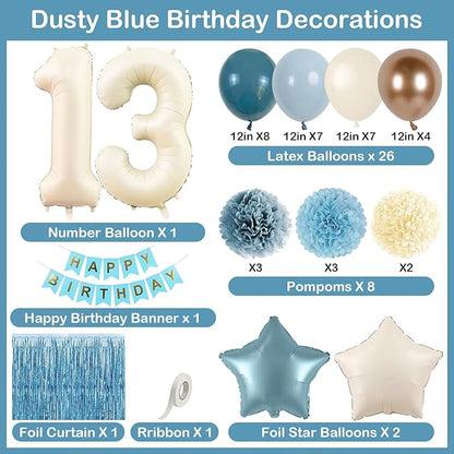 Dusty Blue 13th Birthday Party Decorations Boys Girls Beige Cream Number 13 Balloon with Blue Gold Happy Birthday Banner Fringe Curtain Paper Pom Poms Nude White Sand Champagne Star Foil Balloons
