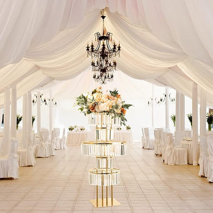 5-Tier Crystal Vase for Table Centerpiece, Large Wedding Decor Flower Stand, Metal Chandelier Stand with Crystal Pendants, Elegant Flower Display Rack for Party Event Home Wedding Decoration (Gold)