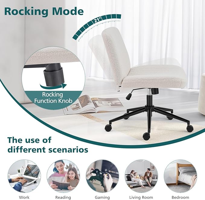 OLIXIS Criss Cross Chair with Wheels Wide Cross Legged Office Desk Vanity Chair Comfy Fabric Armless Adjustable Swivel for Home Computer Task Teddy Beige