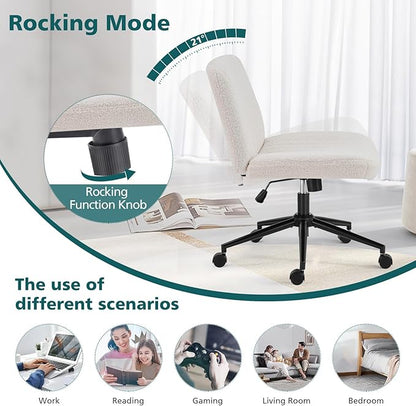 OLIXIS Criss Cross Chair with Wheels Wide Cross Legged Office Desk Vanity Chair Comfy Fabric Armless Adjustable Swivel for Home Computer Task Teddy Beige