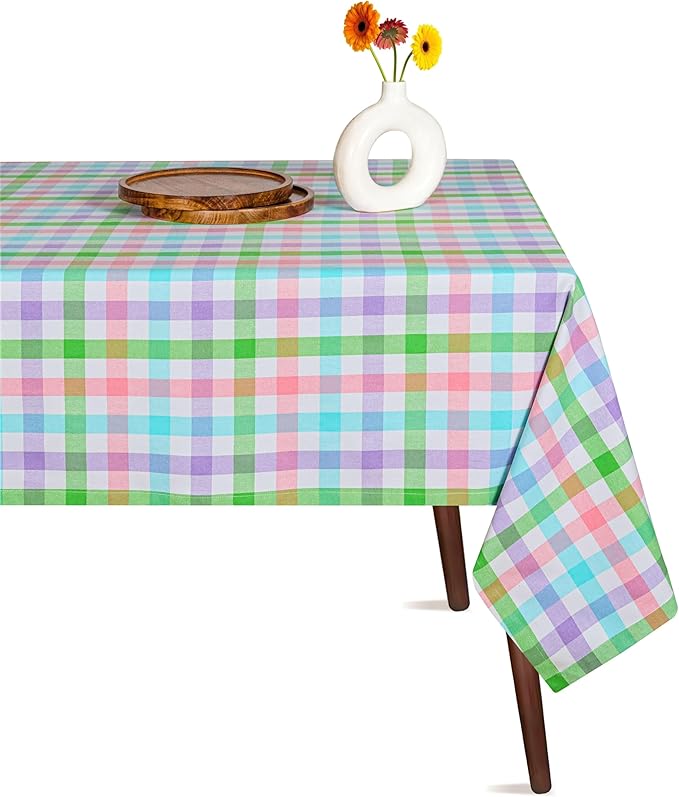 Multi Color Check Table Cover, 100% Cotton Tablecloth 60x84 Inch, Fits 6-8 Seats, Durable, Washable, Wrinkle Resistant, Rectangle Table Cloth for Dining, Holiday Celebrations, Dinner
