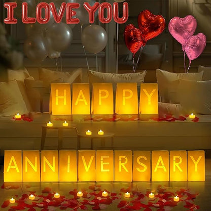 Happy Anniversary Lighted Letters Sign 16pcs Luminary Paper Bags 2000pcs Red Pink Rose Petals 48pcs Flameless LED Candle Tealight 10pcs Heart Balloons Romantic Night Valentine's Day Decorations