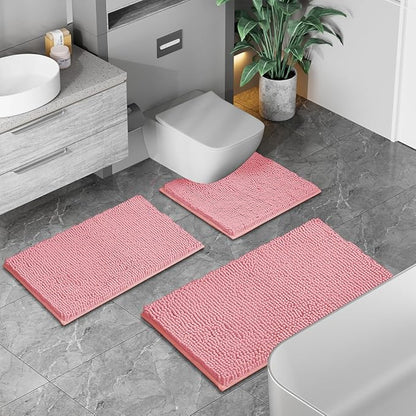 Pink Bathroom Rugs Chenille Bath Mat Set 3-Piece Bath Rugs for Bathoom Extra Soft Bath Mats for Bathoom Non Slip Absorbent Shag Bthroom Carpet, Machine Washable, Mats Sets 3 Toilet Rug