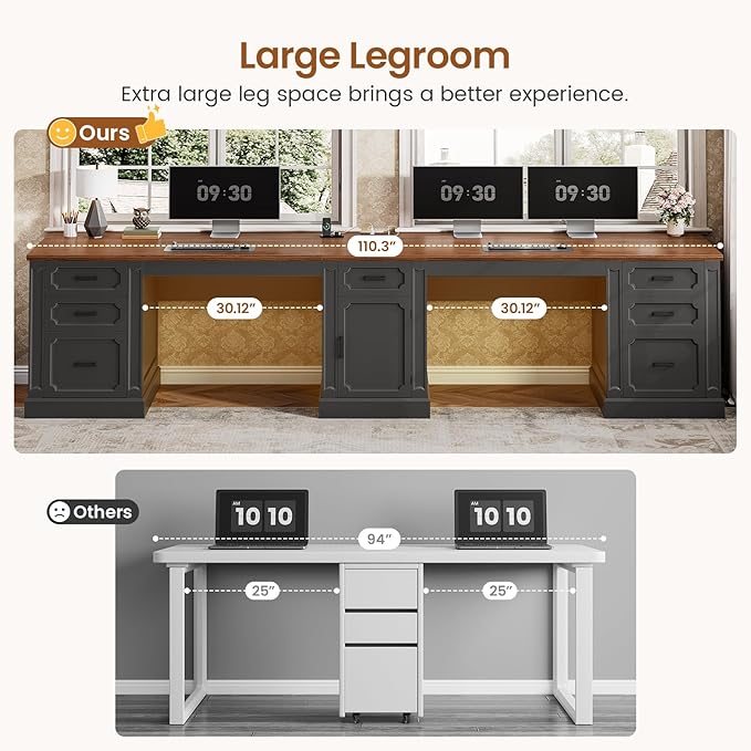 SEDETA Farmhouse 110.3" Two Person Desk with 7 Drawers, Long Computer Desk with Storage Cabinet, 2 Person Desk with Power Outlets for Home Office, Black