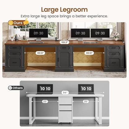 SEDETA Farmhouse 110.3" Two Person Desk with 7 Drawers, Long Computer Desk with Storage Cabinet, 2 Person Desk with Power Outlets for Home Office, Black