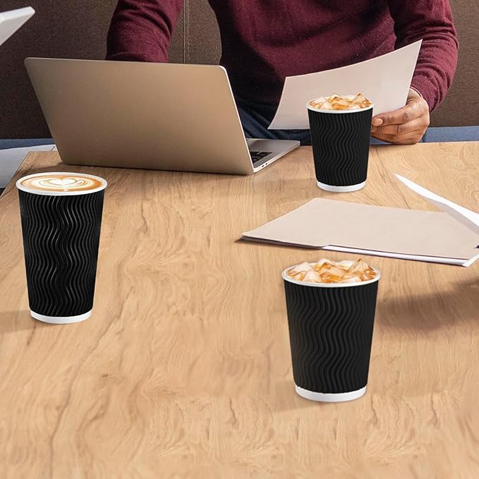 Lamosi 8 oz Disposable Coffee Cups - 120 Pack, Insulated Corrugated Paper Cups, Kraft Ripple Wall Cups for Hot Beverage or Cold Drinks (Black)