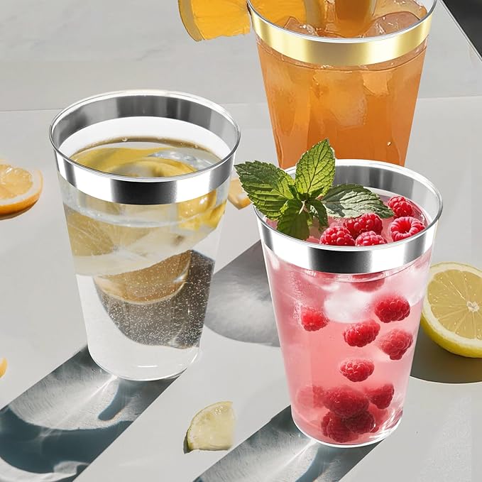 200 Pack 12oz Silver Plastic Cups with Rimmed Edges - Disposable, Recyclable, BPA Free, Food Safe, Modern Style, Perfect for Parties, Weddings, Birthdays, Festivals, 12oz Capacity Each