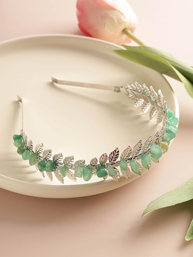 MINACHI Boho Green Aventurine Leaf Hairband, Silver-Tone Handmade Festival Crown, Jewelry Gift for Women Mother's Day