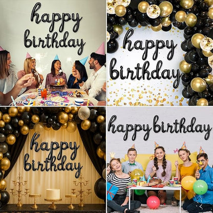 Black Happy Birthday Balloons Banner | Script/Cursive Silver Letter Balloon Sign for Birthday Party Decor/Decoration | Foil Mylar Happy Birthday Banner