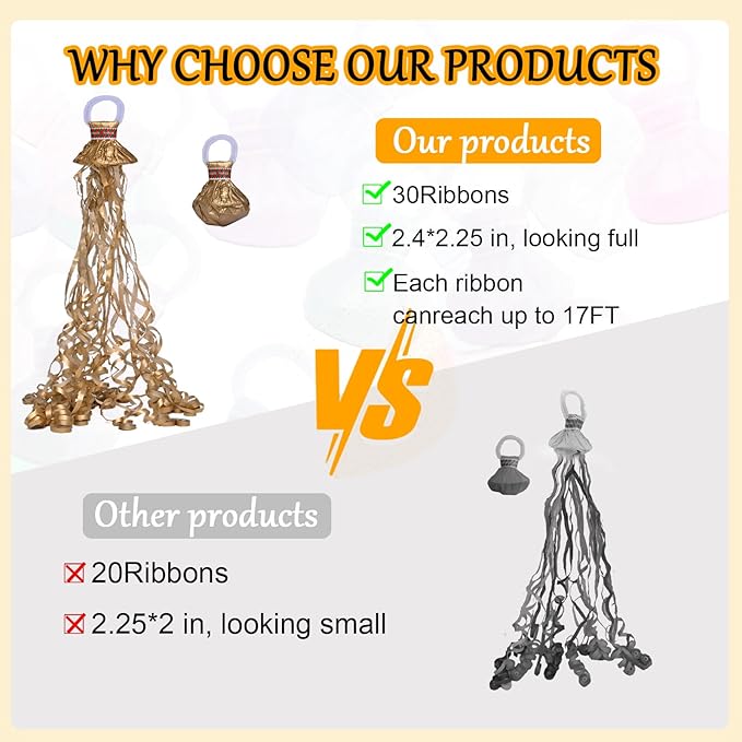 12 Pack Golden Streamer Poppers, No Mess Confetti Poppers，Party Poppers No Mess Streamers Easy to Clean Handheld Streamer Cannon，Ideal for Celebrations and Events