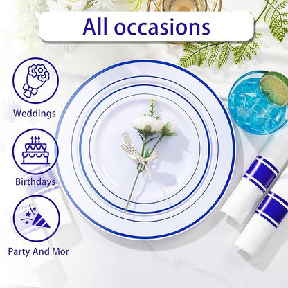 WELLIFE 350 Pcs Blue Plastic Plates for 50 Guests - Plastic Dinnerware Set,Party Supplies Includes 100 Blue Disposable plates,150 Silverware,50 Napkins,50 Cups,Hanukkah Plates