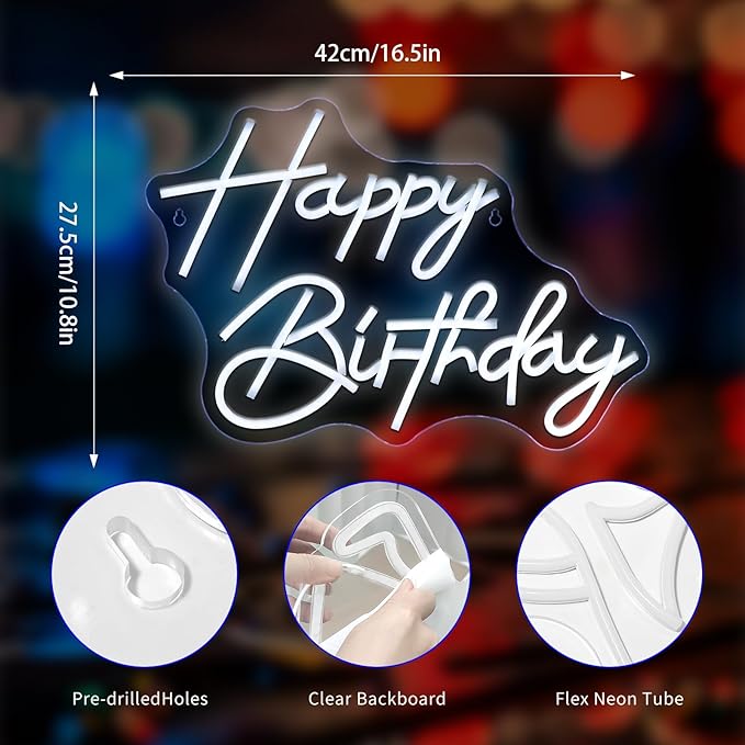 Neon Sign, Happy Birthday Neon Signs for Wall Decor White LED Neon Light Up Signs Home Decor for Birthay Business Club Party Bars Shop Decoration USB Operated