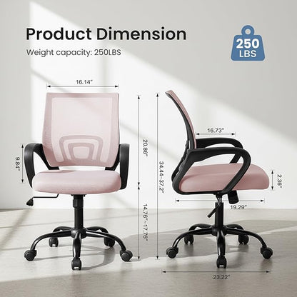 DUMOS Home Office Chair - Ergonomic Mid Back Mesh Desk Chair with Lumbar Support & Rocking Mode, Height Adjustable with Fixed Armrest, for Computer, Gaming, Meeting, Pink, 2 Pack
