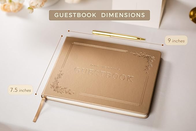 Floral Embossed Wedding Guest Book Set - 9 x 7.5 Hardcover Guestbook for Wedding Reception Sign in, Messages, Bridal Shower Engagement Party (Champagne Gold)