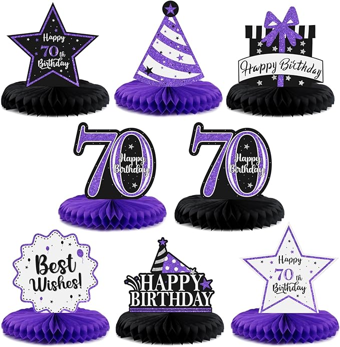 Happy 70th Birthday Decorations,70th Bday Purple Glitter Shiny Stand Honeycomb Table Centerpieces - Cheers to Seventy Years Old Birthday Party Photoprop Gift Sign.