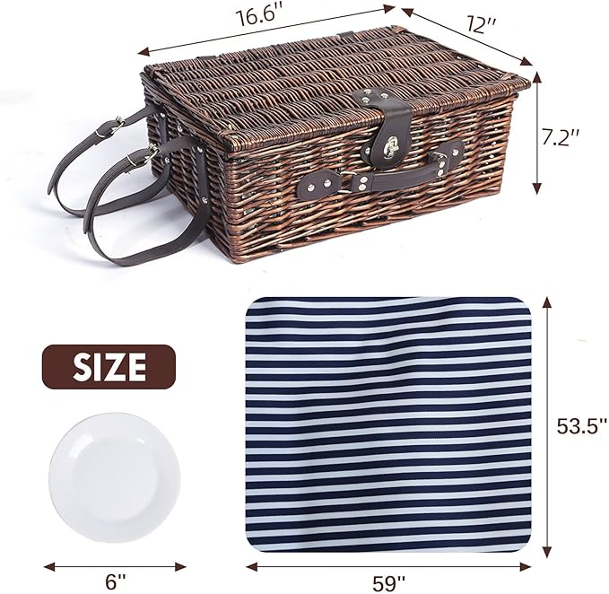 Picnic Basket for 4 Persons with Waterproof Picnic Blanket and Insulated Cooler, Large Wicker Picnic Basket for Camping, Outdoors, Valentine's Day, Christmas, Birthday, Wedding Gift