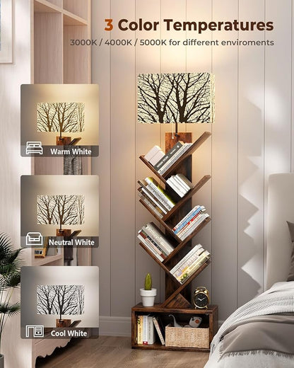 Evermagin Tree Bookshelf with Light, 6 Tier Small Bookcase, Narrow Floor Standing Book Tower Organizer with Storage Cabinet for Living Room, Bedroom and Home Office, Rustic Brown