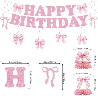 190PCS Pink Bow Party Supplies Birthday Decorations Coquette Disposable Plates Napkins Set, Banner, Hanging Swirls, Tablecloth, Cake Topper, Balloon, Honeycomb Centerpieces Table Decorations