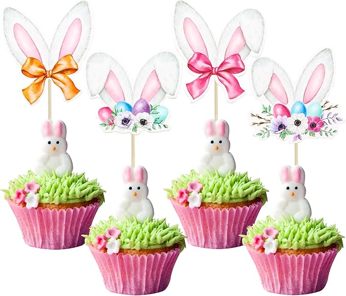 Ephlyn 36Pcs Happy Easter Cupcake Toppers - Rabbit Ear Cupcake Picks & Day Theme Baby Shower Kids Birthday Party Cake Decorations