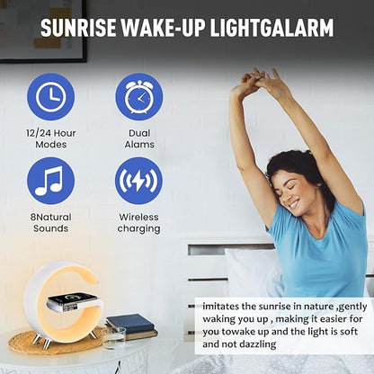 Smart LED Table Lamp, 4-in-1 Wireless Charger, Night Light, Alarm Clock, and Bluetooth Speaker with App Control for Bedroom, Office, and Home Decor (White)