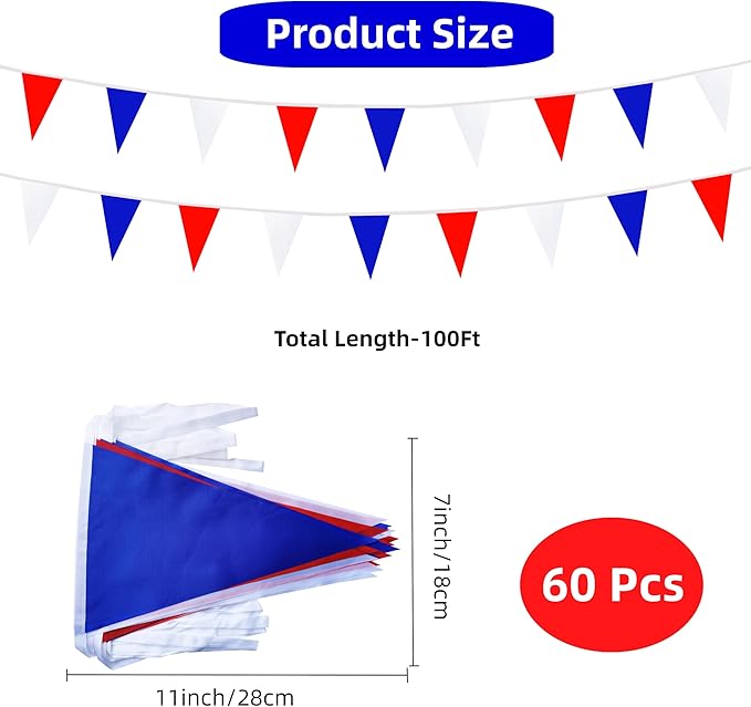 100 Feet 60 Pcs Red White and Blue Pennant Banner Flags String Hanging Triangle DIY Flags, Bunting Streamers Decorations for Grand Opening, Birthday, Wedding Celebration (Red White & Blue)