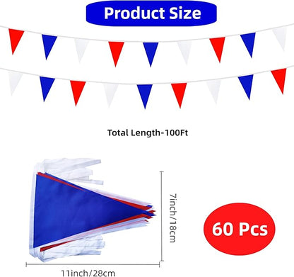 100 Feet 60 Pcs Red White and Blue Pennant Banner Flags String Hanging Triangle DIY Flags, Bunting Streamers Decorations for Grand Opening, Birthday, Wedding Celebration (Red White & Blue)