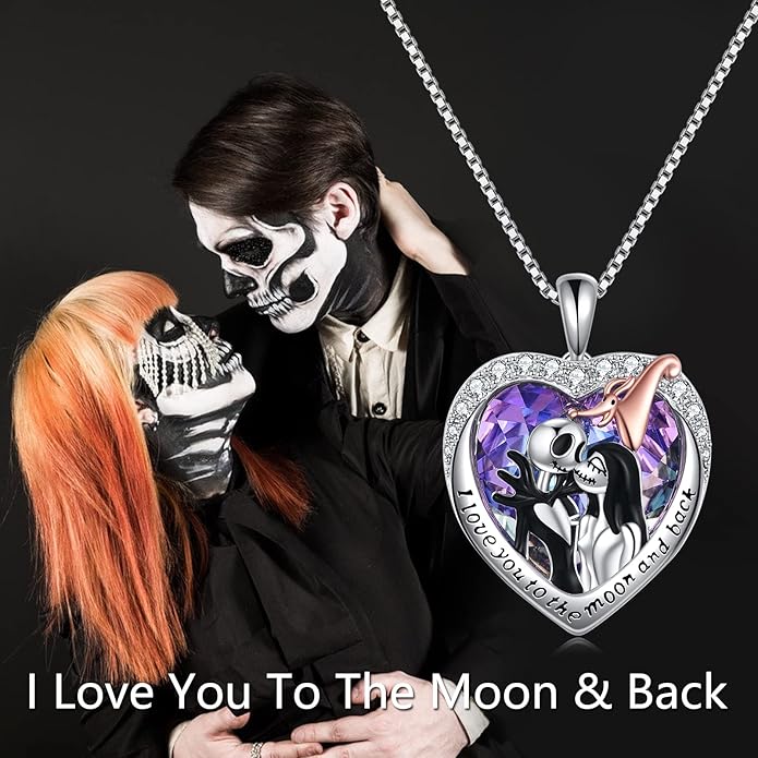 LILALO Christmas Gifts Nightmare Necklace Sterling Silver Abalone Shell Crystal Jack and Sally Necklace Jack Skellington Skull Jewelry Skull Necklaces for Women