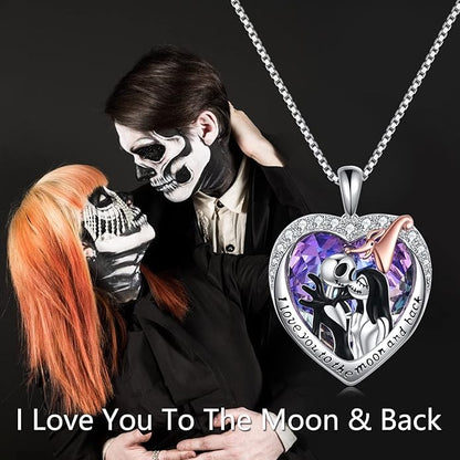 LILALO Christmas Gifts Nightmare Necklace Sterling Silver Abalone Shell Crystal Jack and Sally Necklace Jack Skellington Skull Jewelry Skull Necklaces for Women
