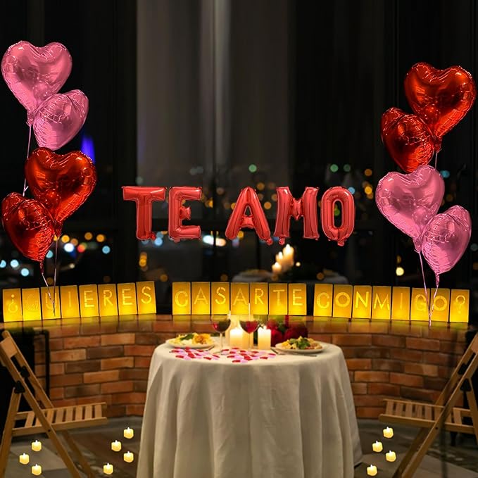 ¿Quieres casarte conmigo? Lighted Letters Sign 17pcs Luminary Paper Bags 2200pcs Red Pink Artificial Rose Petals 48pcs Flameless LED Candle Tealight 15pcs Heart Balloons Romantic Night Valentine's Day