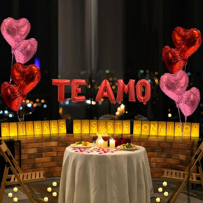 ¿Quieres casarte conmigo? Lighted Letters Sign 17pcs Luminary Paper Bags 2200pcs Red Pink Artificial Rose Petals 48pcs Flameless LED Candle Tealight 15pcs Heart Balloons Romantic Night Valentine's Day