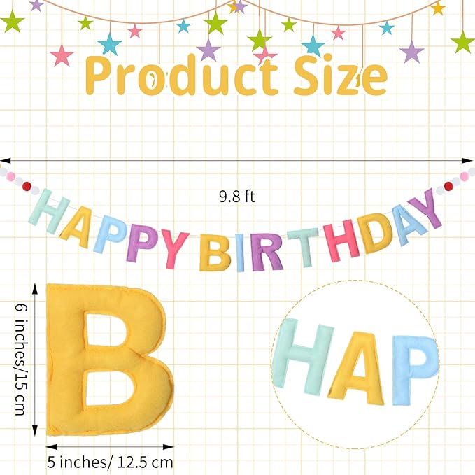 Felt Happy Birthday Garland Rainbow Banner Reusable Happy Birthday Sign Party Supply for Party Decor(Bright Color,Normal)