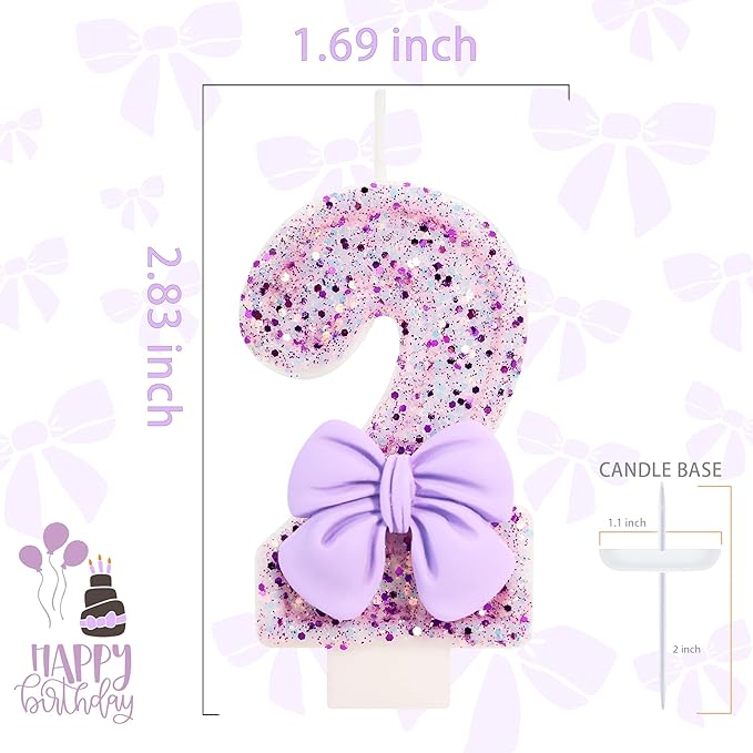 Birthday Candle for Cake, 2 Candle - Purple Glitter with Bowknot, 2.76 inch Cake Topper Decoration for Two Years Old Birthday Party (Number 2)