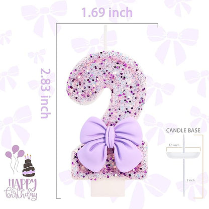 Birthday Candle for Cake, 2 Candle - Purple Glitter with Bowknot, 2.76 inch Cake Topper Decoration for Two Years Old Birthday Party (Number 2)